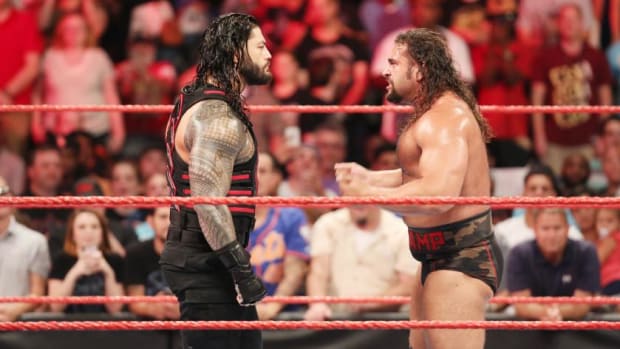 Roman Reigns confronts Rusev after he denigrates American Olympic athletes on Raw, August 1