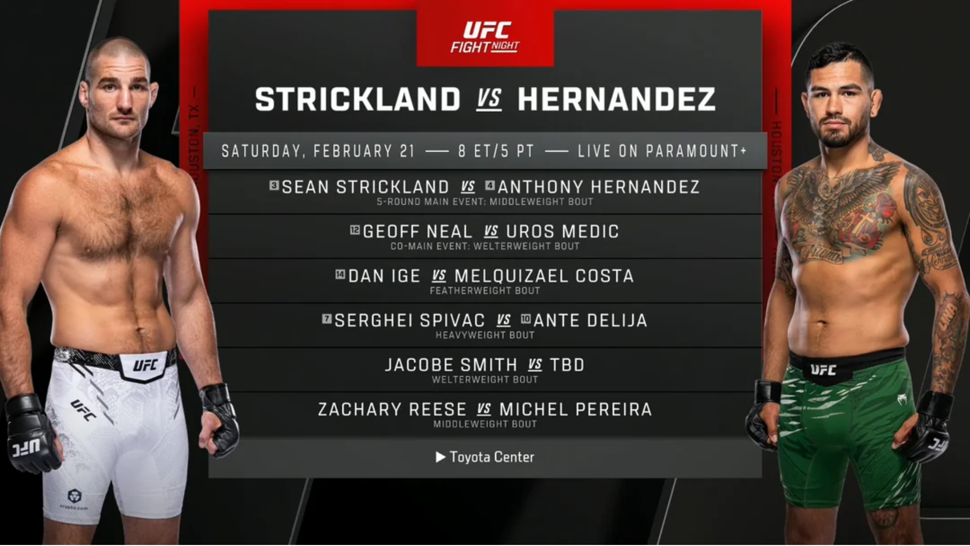 UFC Houston 2026 Strickland vs Hernandez Fight Card