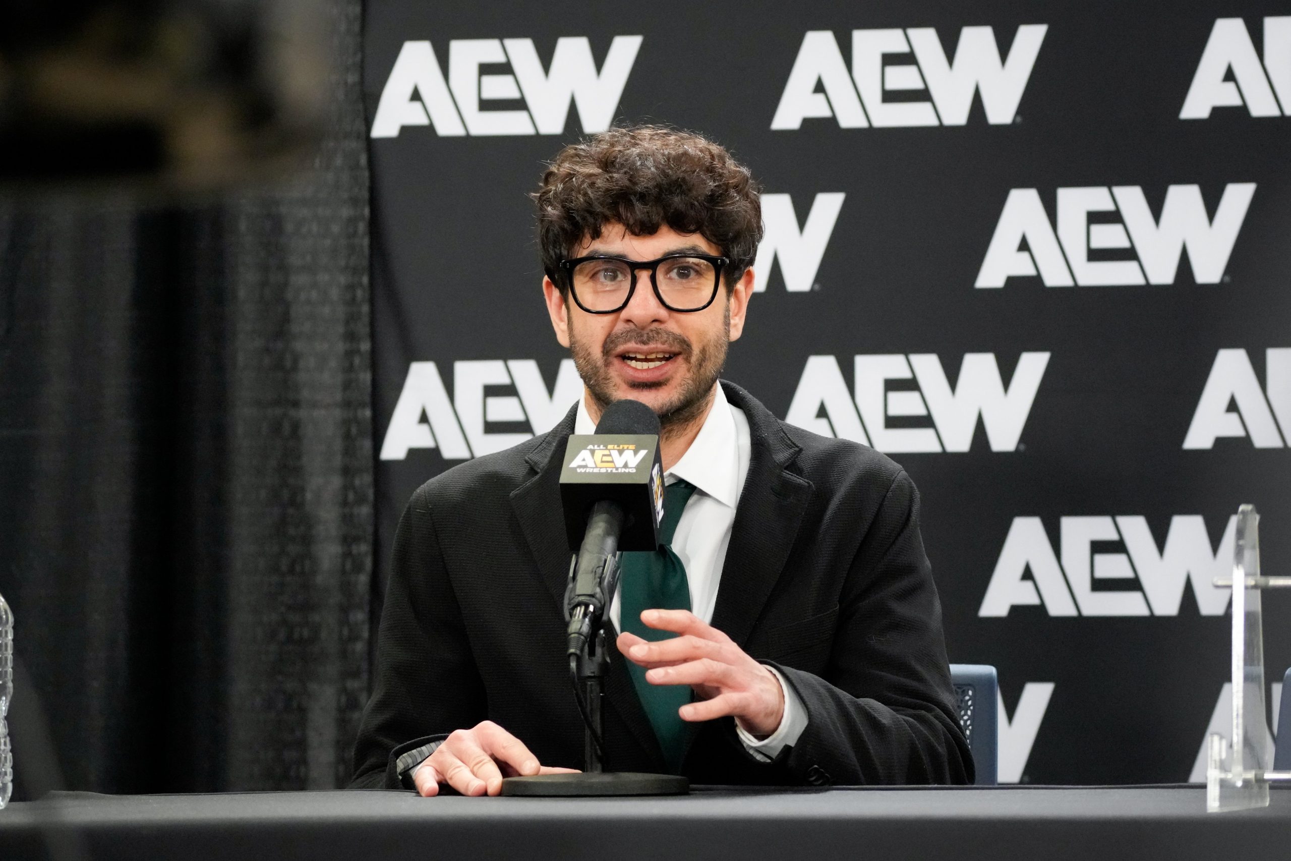 Tony Khan speaks during the Double or Nothing press conference