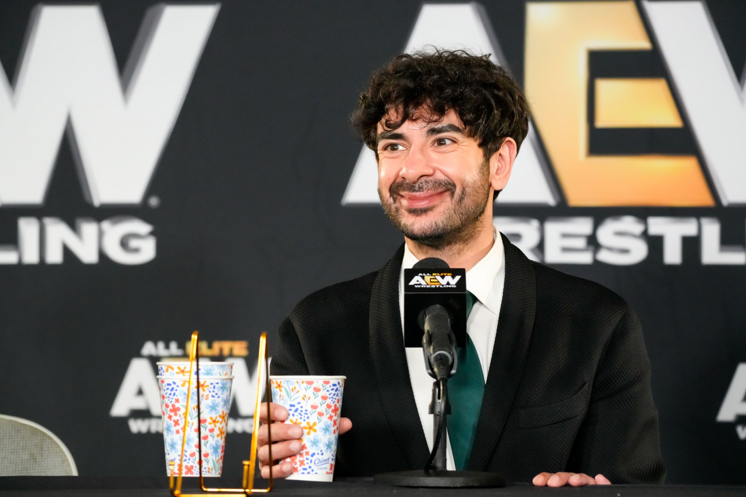 Tony Khan during the AEW Forbidden Door 2026 media scrum.