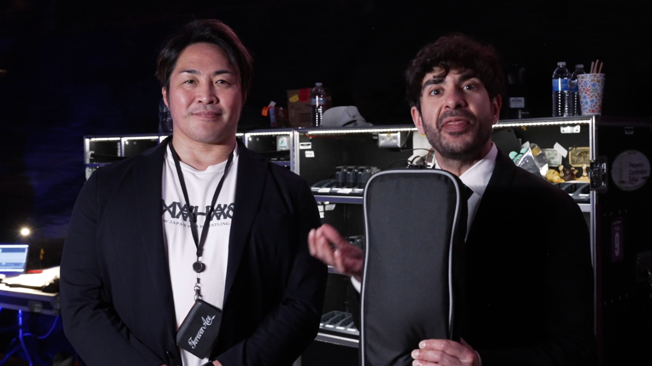 Tony Khan presents Hiroshi Tanahashi with a special gift at AEW x NJPW Forbidden Door