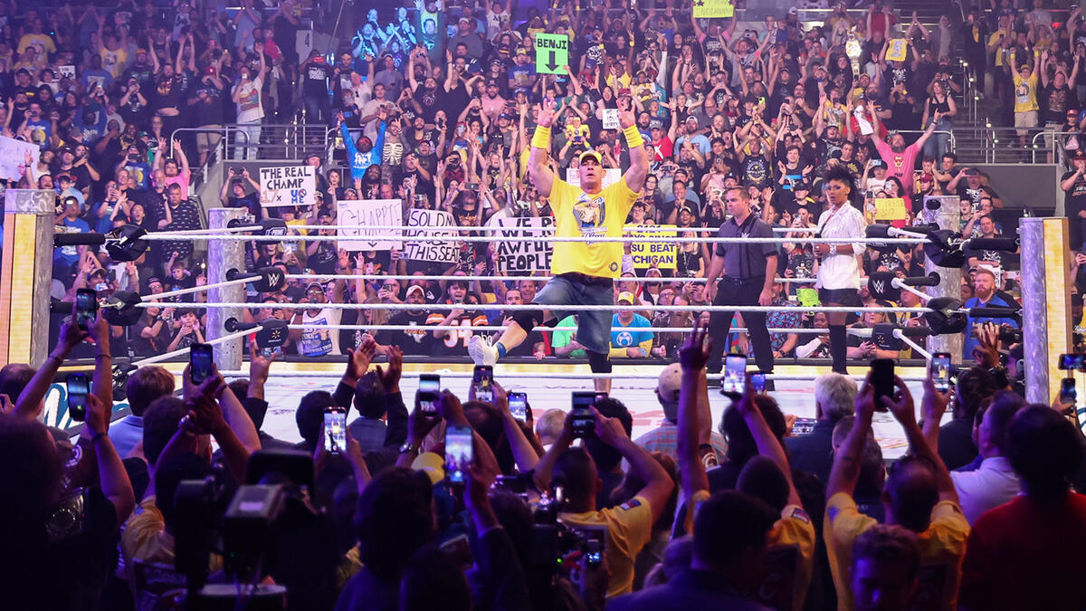 John Cena speaking at a WWE media event regarding his retirement